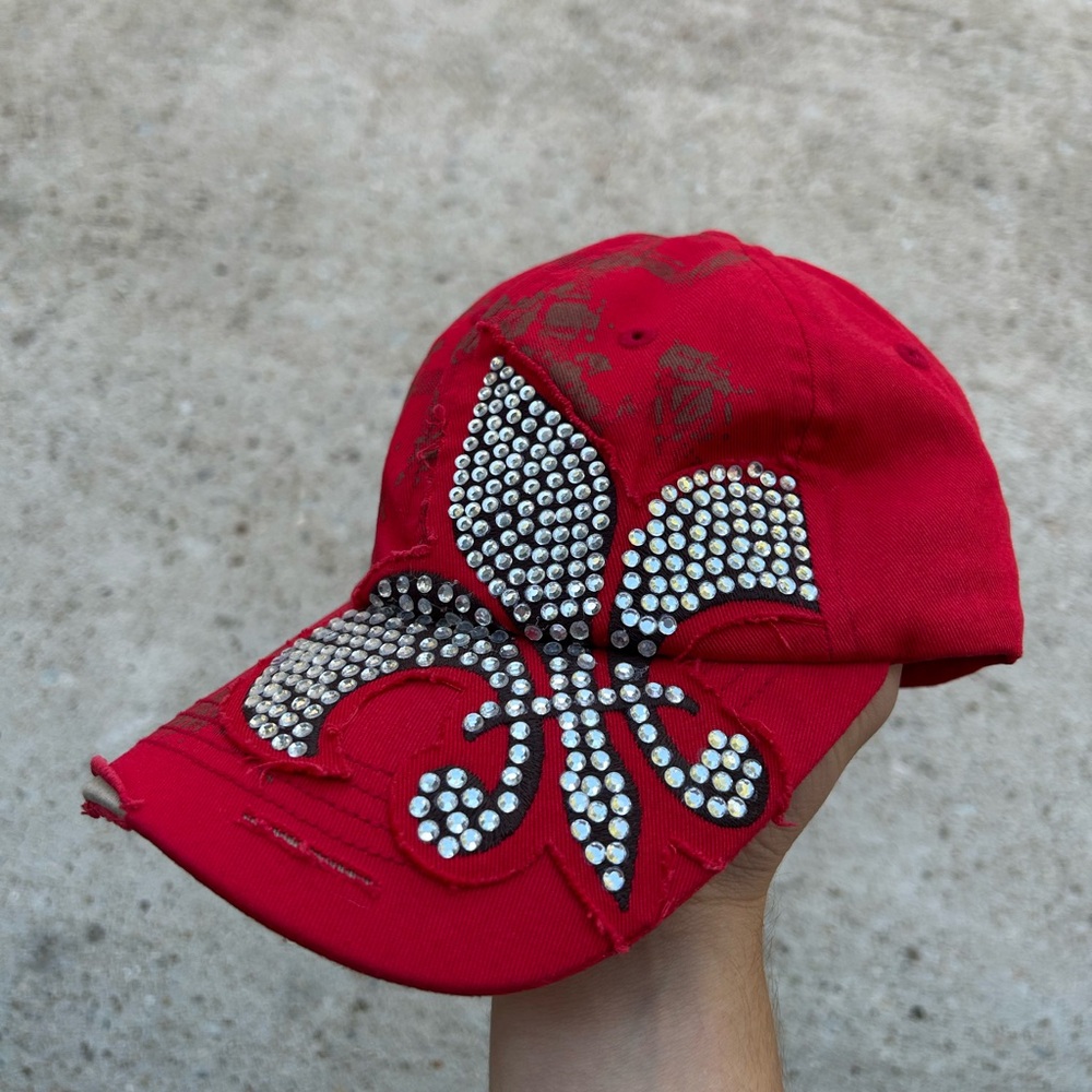 Y2K Leader LOGA Hat Cap Strap Back Womens Red Bling Distressed Goth Rhinestones